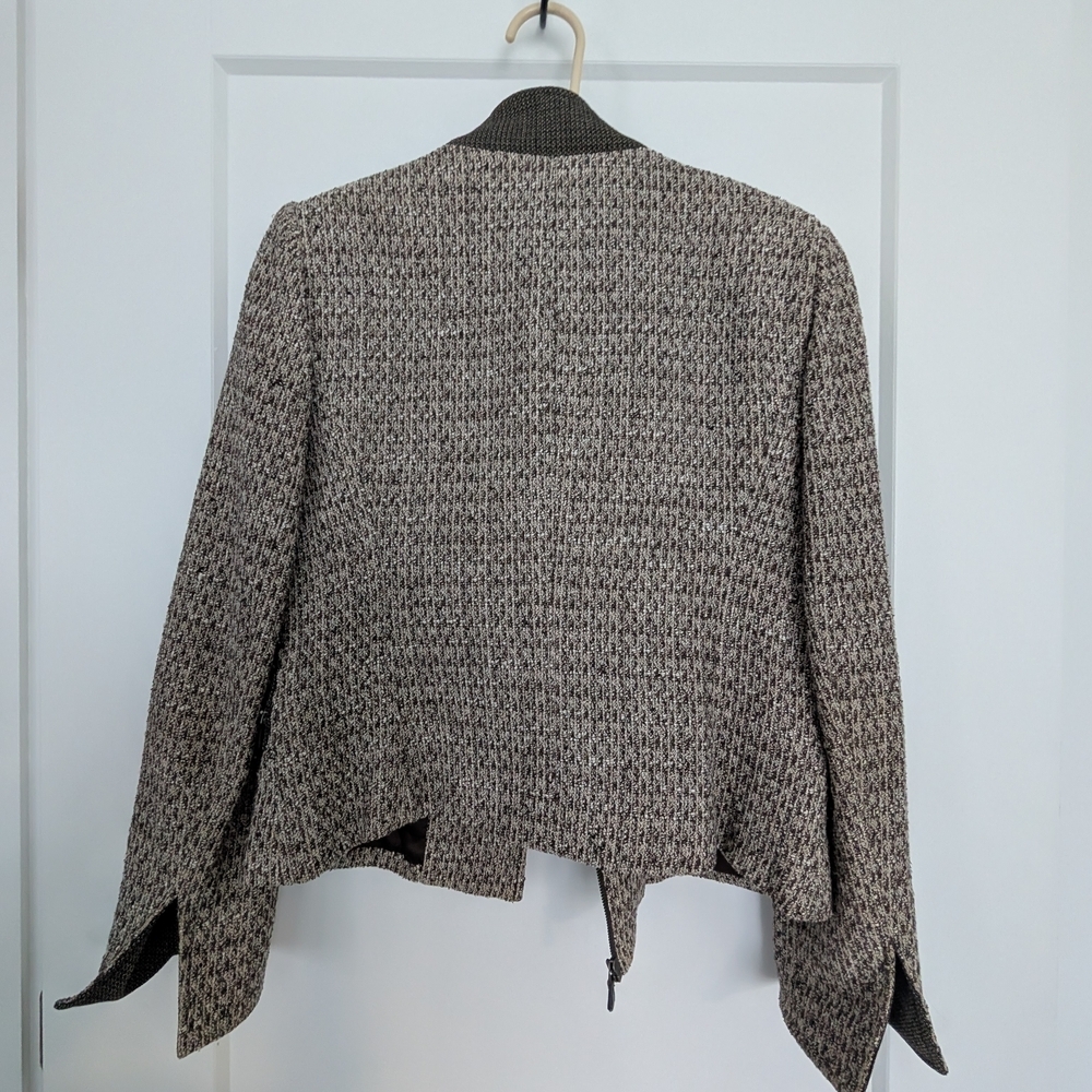 Linda Allard Ellen Tracy Tweed Jacket Blazer Wool Blend Brown Cream Zip Front Si - Picture 3 of 12